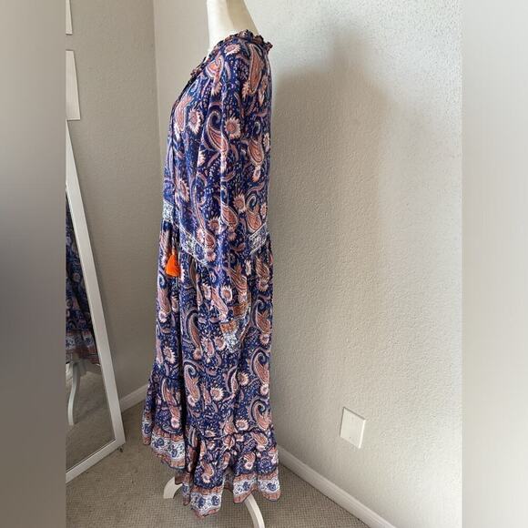 Bell by Alicia Bell Paisley Button Down Maxi Dress with Tassels Size Large Navy - Picture 2 of 10